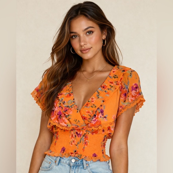 Jessica Simpson Tops - Jessica Simpson NWT Orange Floral Smocked Top Small Boho Cottagecore